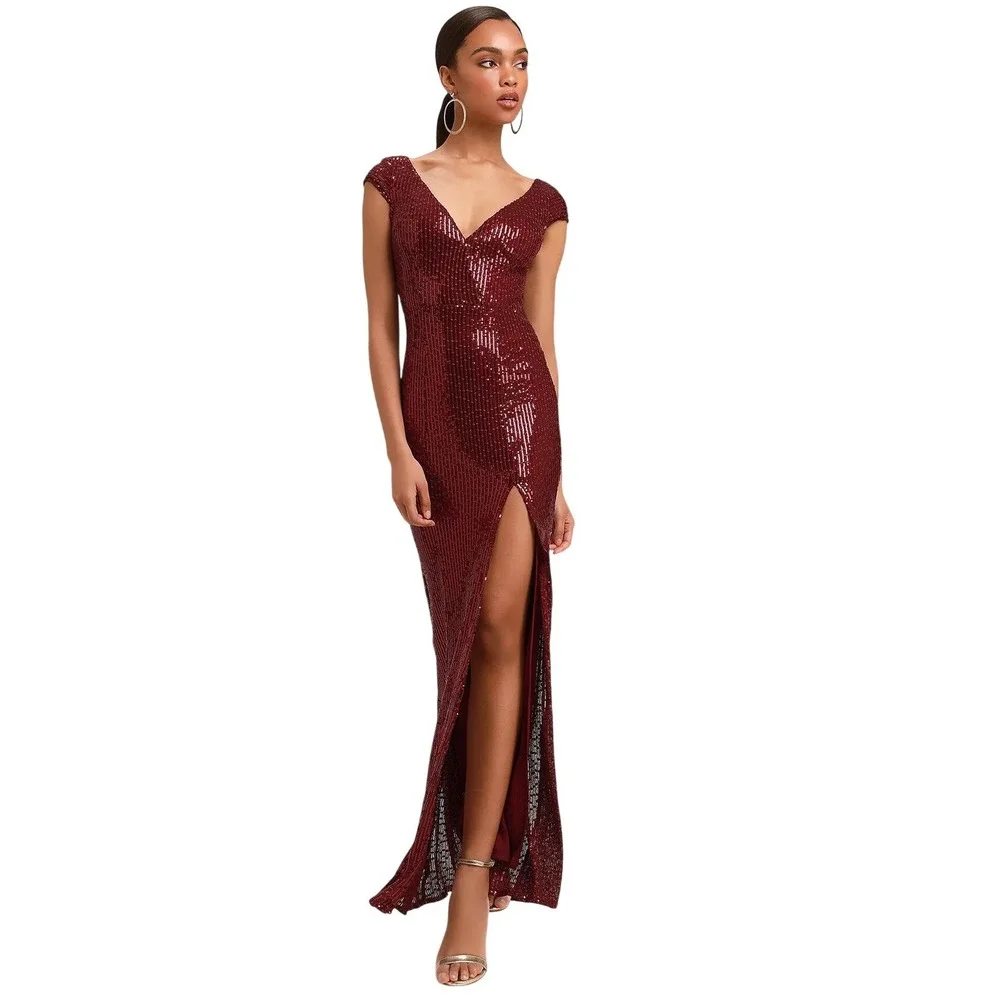 LULUS Catching Compliments Burgundy Sequin Maxi Dress Holiday Glam XS -NWT - Picture 1 of 16